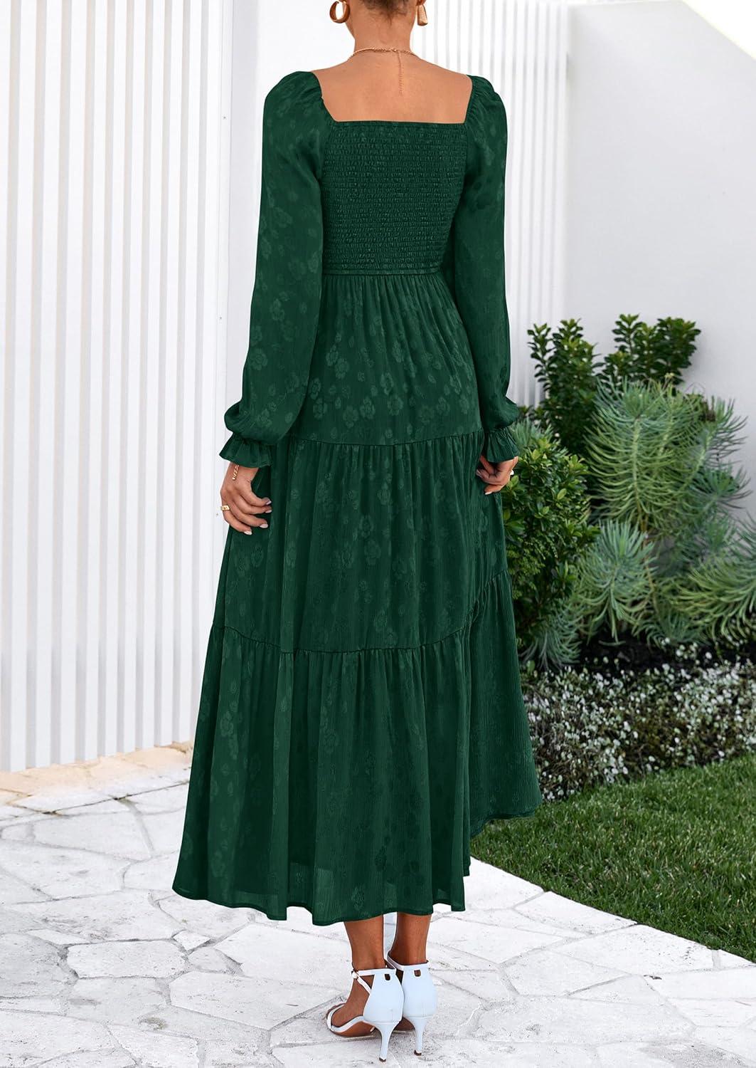 imagePRETTYGARDEN Wedding Guest Dresses for Women Floral Long Sleeve Smocked Tiered Elegant Long Flowy Boho DressDark Green