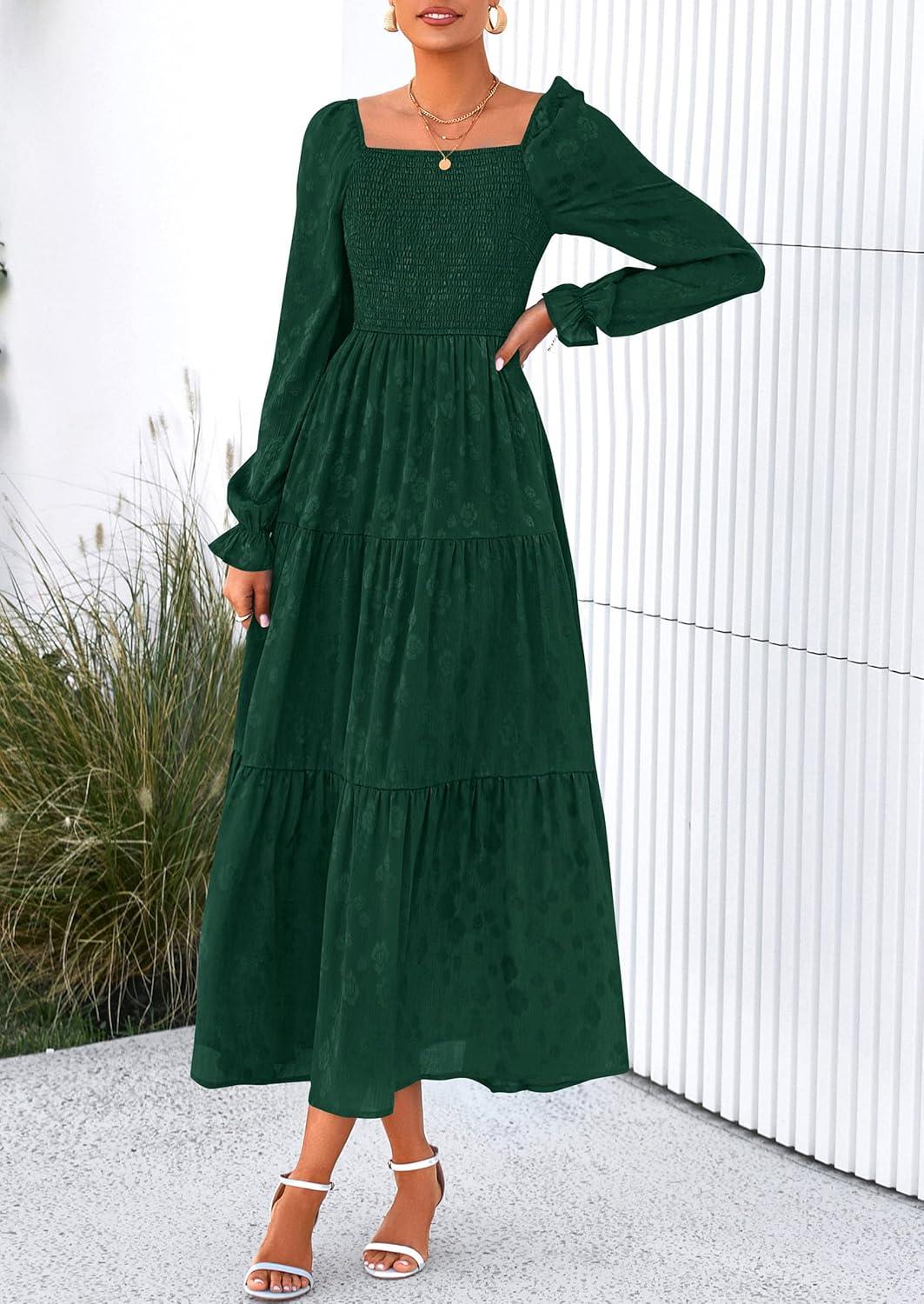 imagePRETTYGARDEN Wedding Guest Dresses for Women Floral Long Sleeve Smocked Tiered Elegant Long Flowy Boho DressDark Green