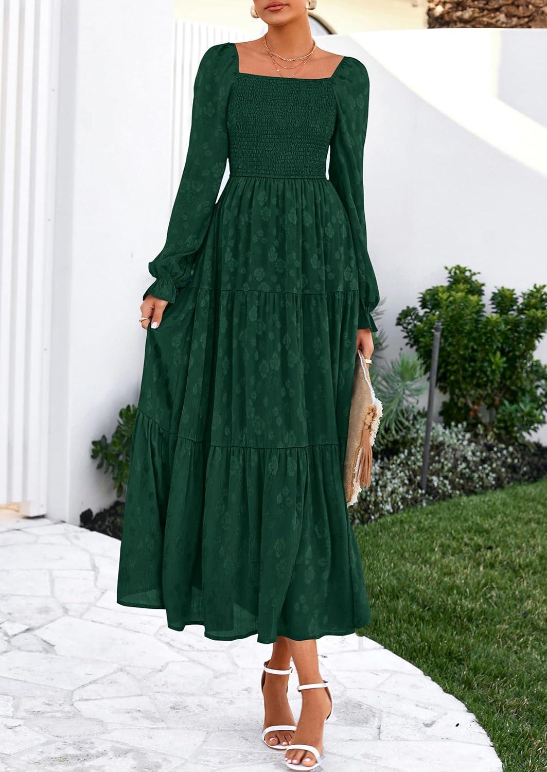 imagePRETTYGARDEN Wedding Guest Dresses for Women Floral Long Sleeve Smocked Tiered Elegant Long Flowy Boho DressDark Green