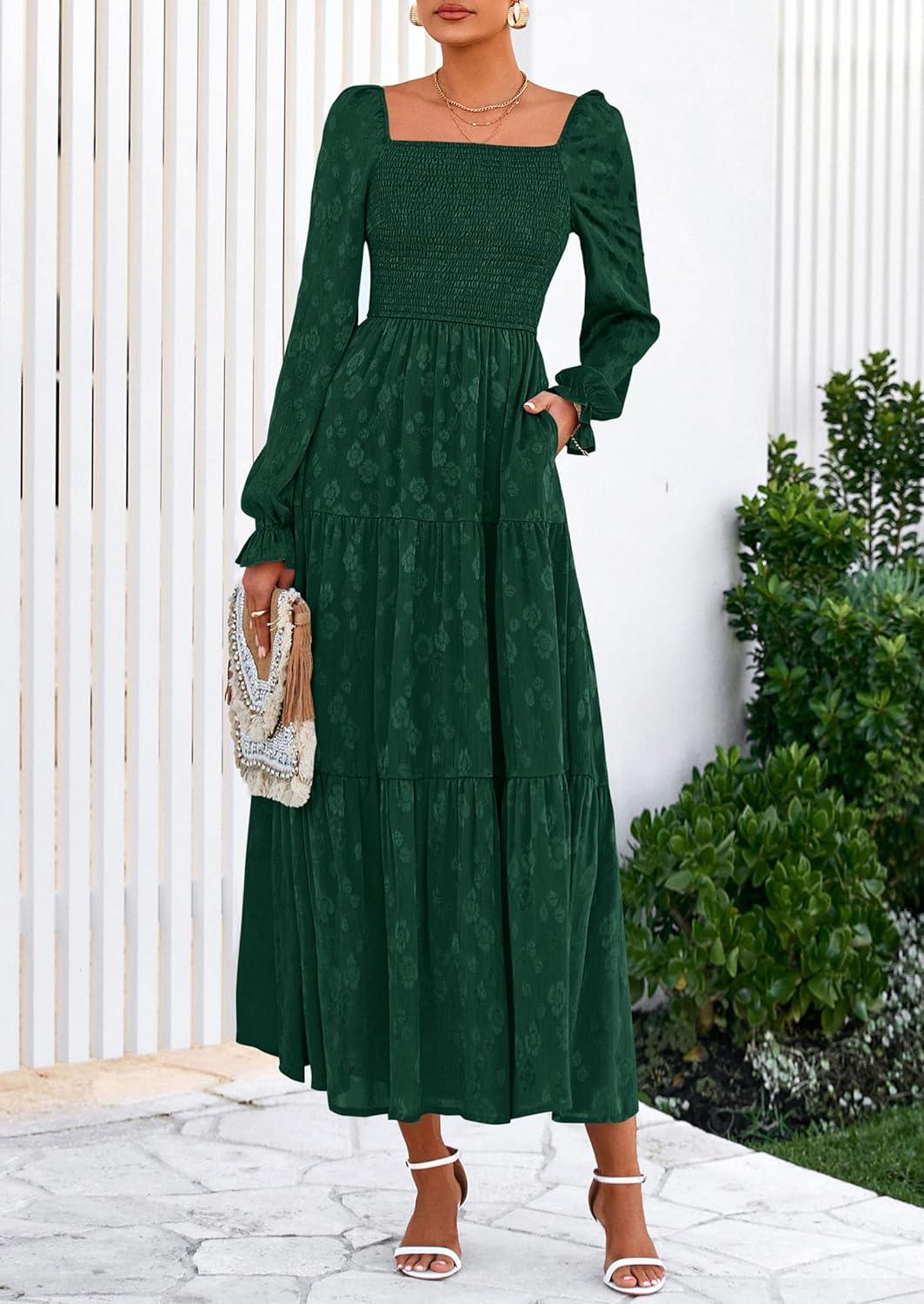 imagePRETTYGARDEN Wedding Guest Dresses for Women Floral Long Sleeve Smocked Tiered Elegant Long Flowy Boho DressDark Green