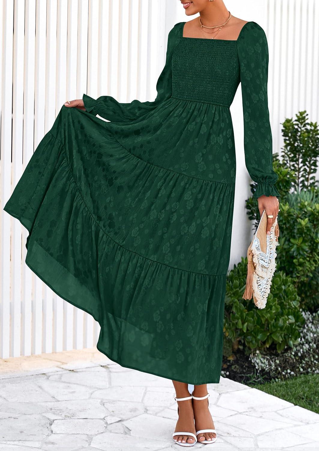 imagePRETTYGARDEN Wedding Guest Dresses for Women Floral Long Sleeve Smocked Tiered Elegant Long Flowy Boho DressDark Green