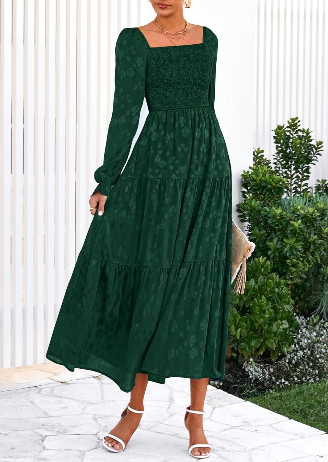 imagePRETTYGARDEN Wedding Guest Dresses for Women Floral Long Sleeve Smocked Tiered Elegant Long Flowy Boho DressDark Green