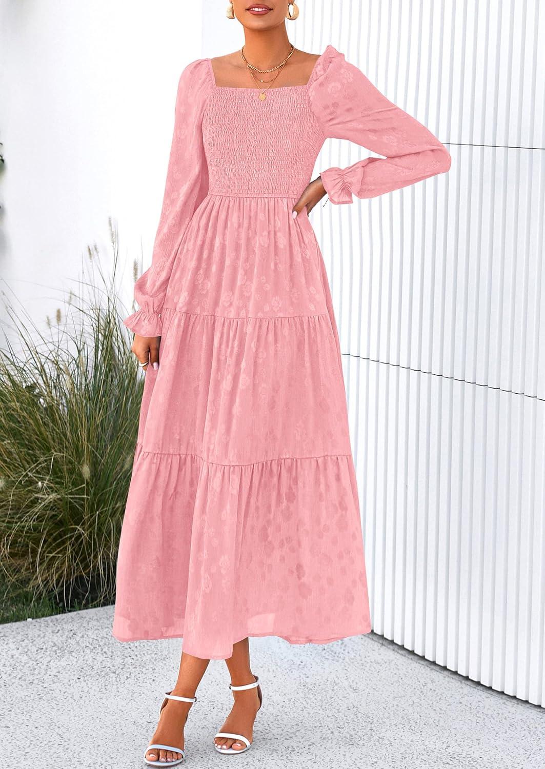 imagePRETTYGARDEN Wedding Guest Dresses for Women Floral Long Sleeve Smocked Tiered Elegant Long Flowy Boho DressPink