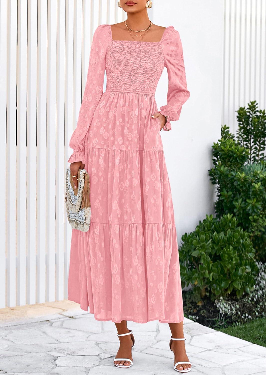imagePRETTYGARDEN Wedding Guest Dresses for Women Floral Long Sleeve Smocked Tiered Elegant Long Flowy Boho DressPink