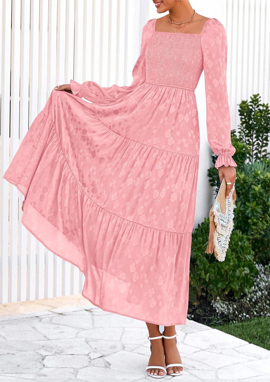 imagePRETTYGARDEN Wedding Guest Dresses for Women Floral Long Sleeve Smocked Tiered Elegant Long Flowy Boho DressPink