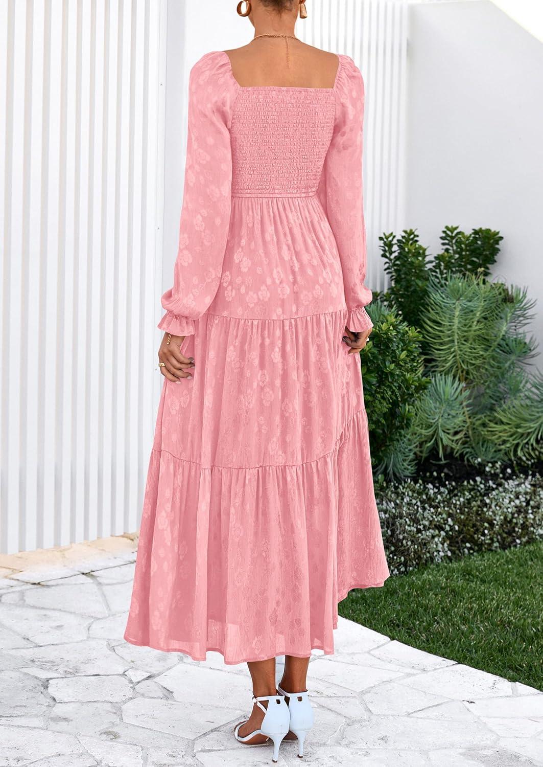 imagePRETTYGARDEN Wedding Guest Dresses for Women Floral Long Sleeve Smocked Tiered Elegant Long Flowy Boho DressPink