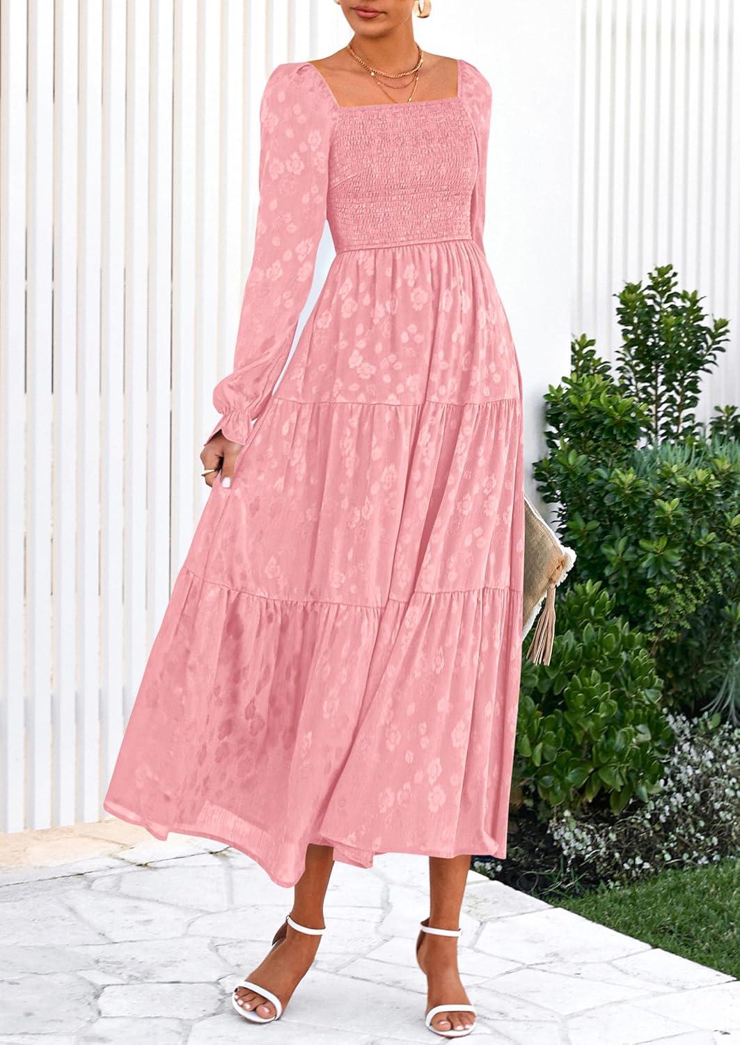 imagePRETTYGARDEN Wedding Guest Dresses for Women Floral Long Sleeve Smocked Tiered Elegant Long Flowy Boho DressPink