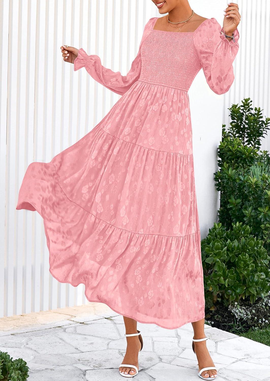 imagePRETTYGARDEN Wedding Guest Dresses for Women Floral Long Sleeve Smocked Tiered Elegant Long Flowy Boho DressPink