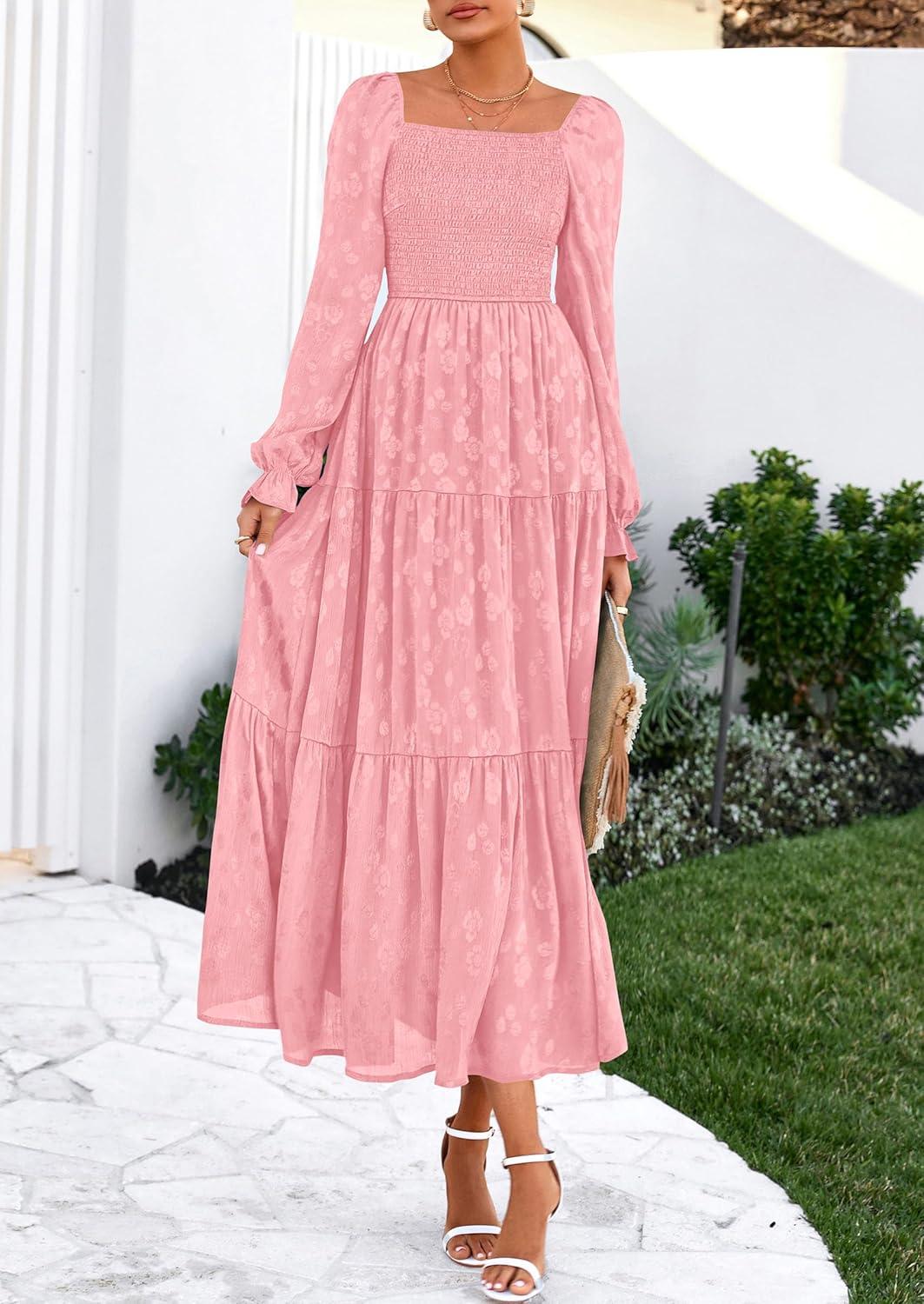 imagePRETTYGARDEN Wedding Guest Dresses for Women Floral Long Sleeve Smocked Tiered Elegant Long Flowy Boho DressPink