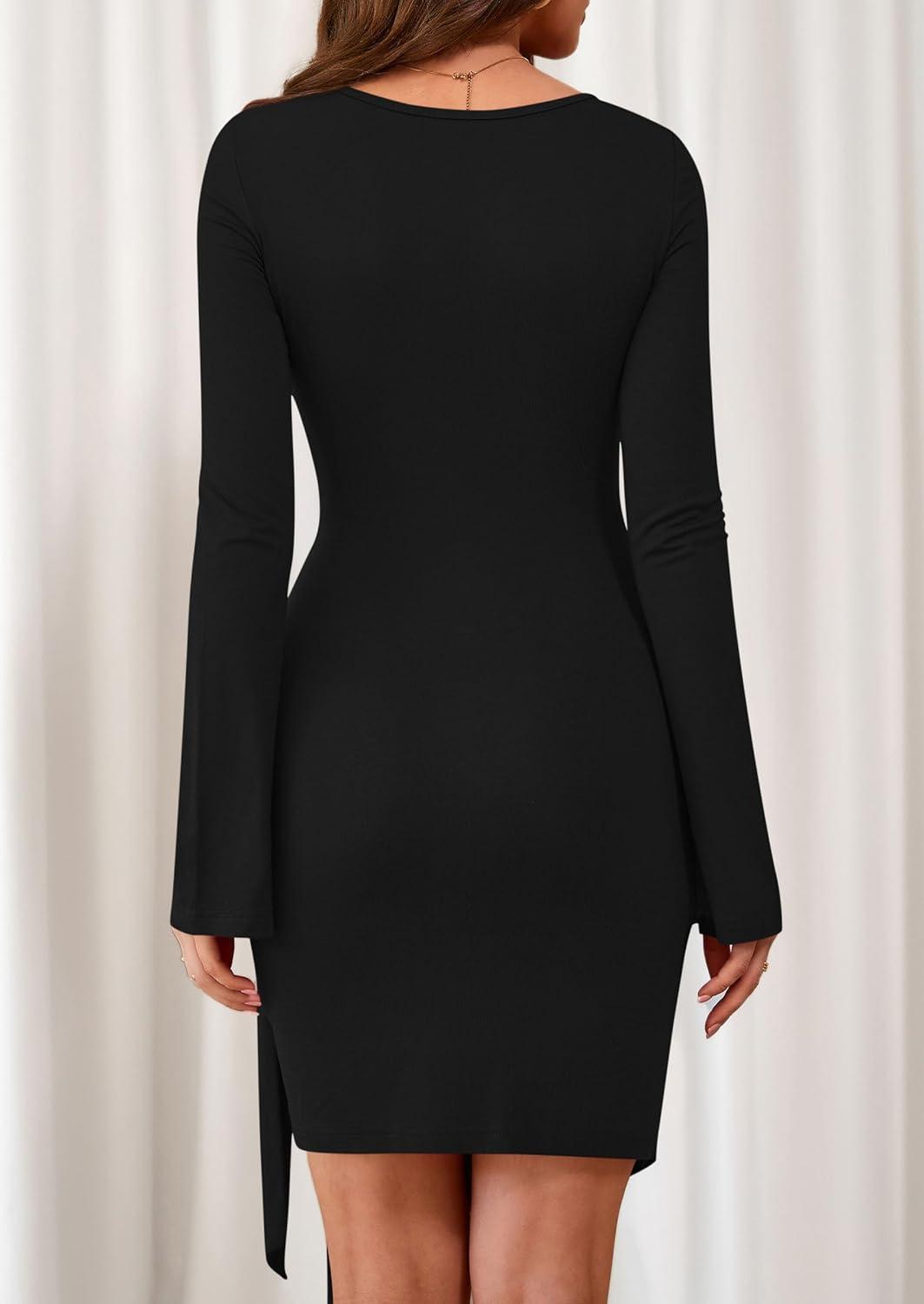 imagePRETTYGARDEN Women 2025 Mini Bodycon Dresses Long Sleeve Ruched Fitted Short Night Out Trendy Party Club Outfits Fall ClothesBlack