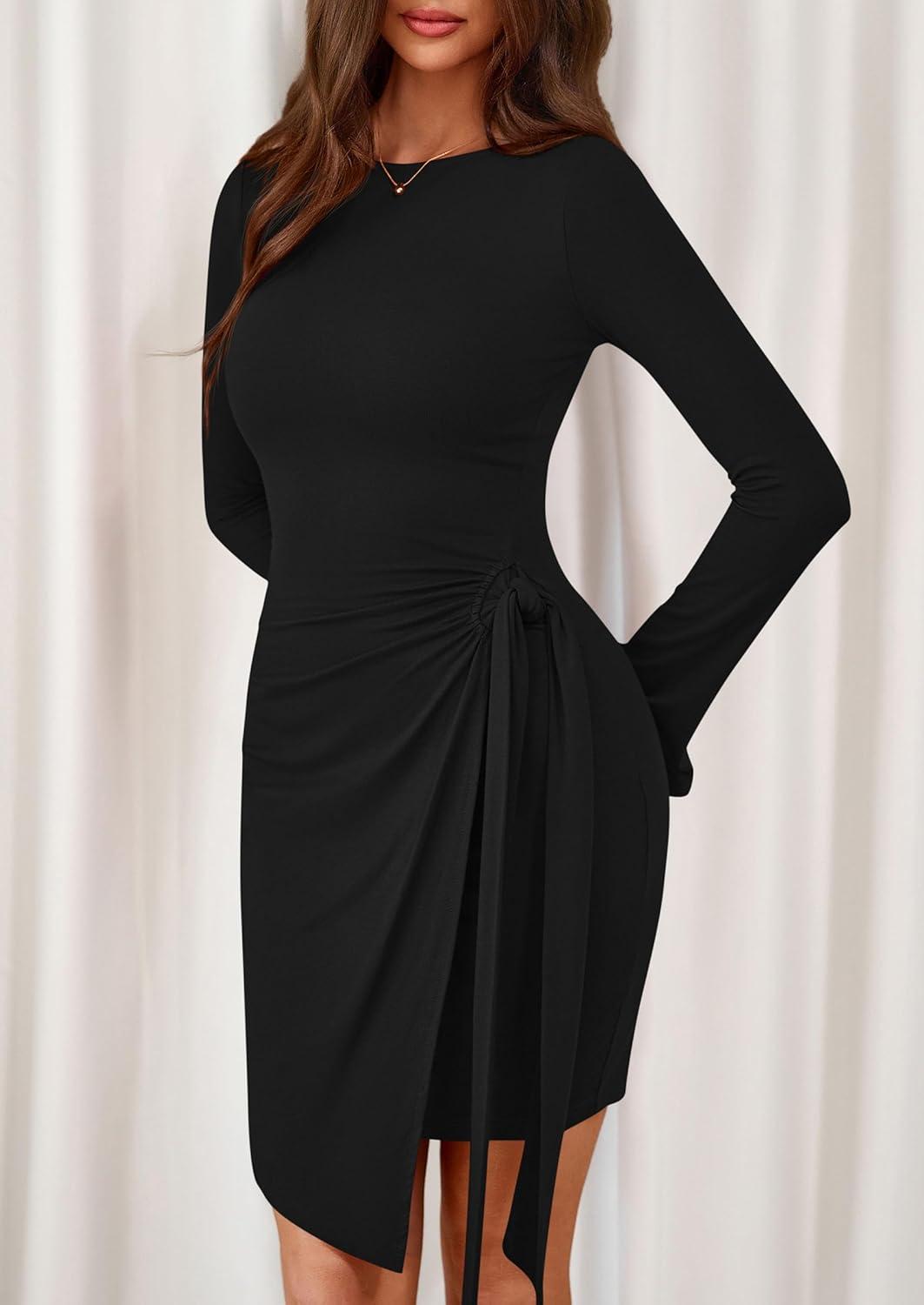 imagePRETTYGARDEN Women 2025 Mini Bodycon Dresses Long Sleeve Ruched Fitted Short Night Out Trendy Party Club Outfits Fall ClothesBlack