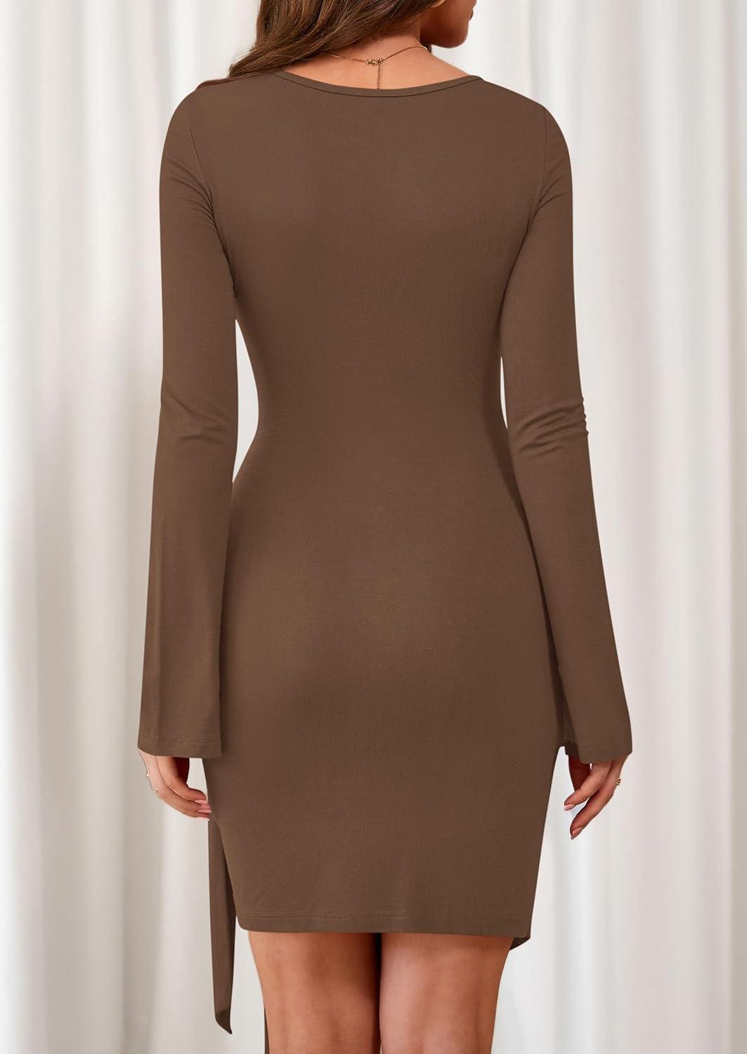 imagePRETTYGARDEN Women 2025 Mini Bodycon Dresses Long Sleeve Ruched Fitted Short Night Out Trendy Party Club Outfits Fall ClothesBrown