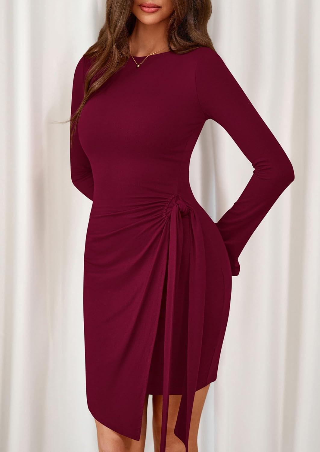 imagePRETTYGARDEN Women 2025 Mini Bodycon Dresses Long Sleeve Ruched Fitted Short Night Out Trendy Party Club Outfits Fall ClothesBurgundy