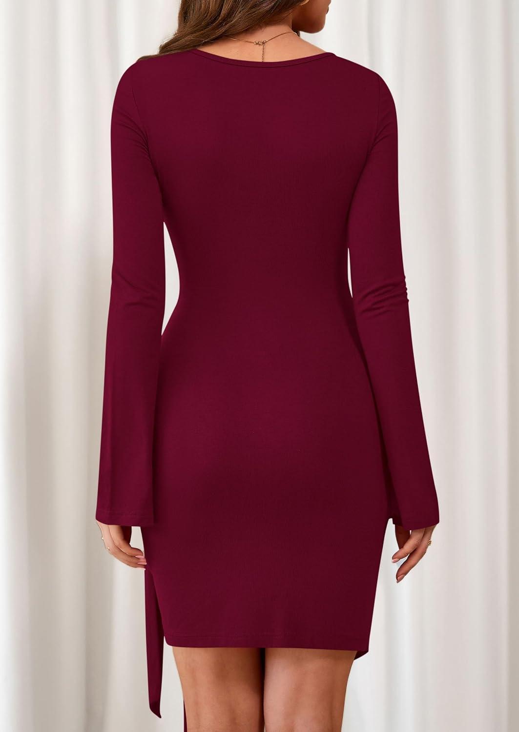 imagePRETTYGARDEN Women 2025 Mini Bodycon Dresses Long Sleeve Ruched Fitted Short Night Out Trendy Party Club Outfits Fall ClothesBurgundy