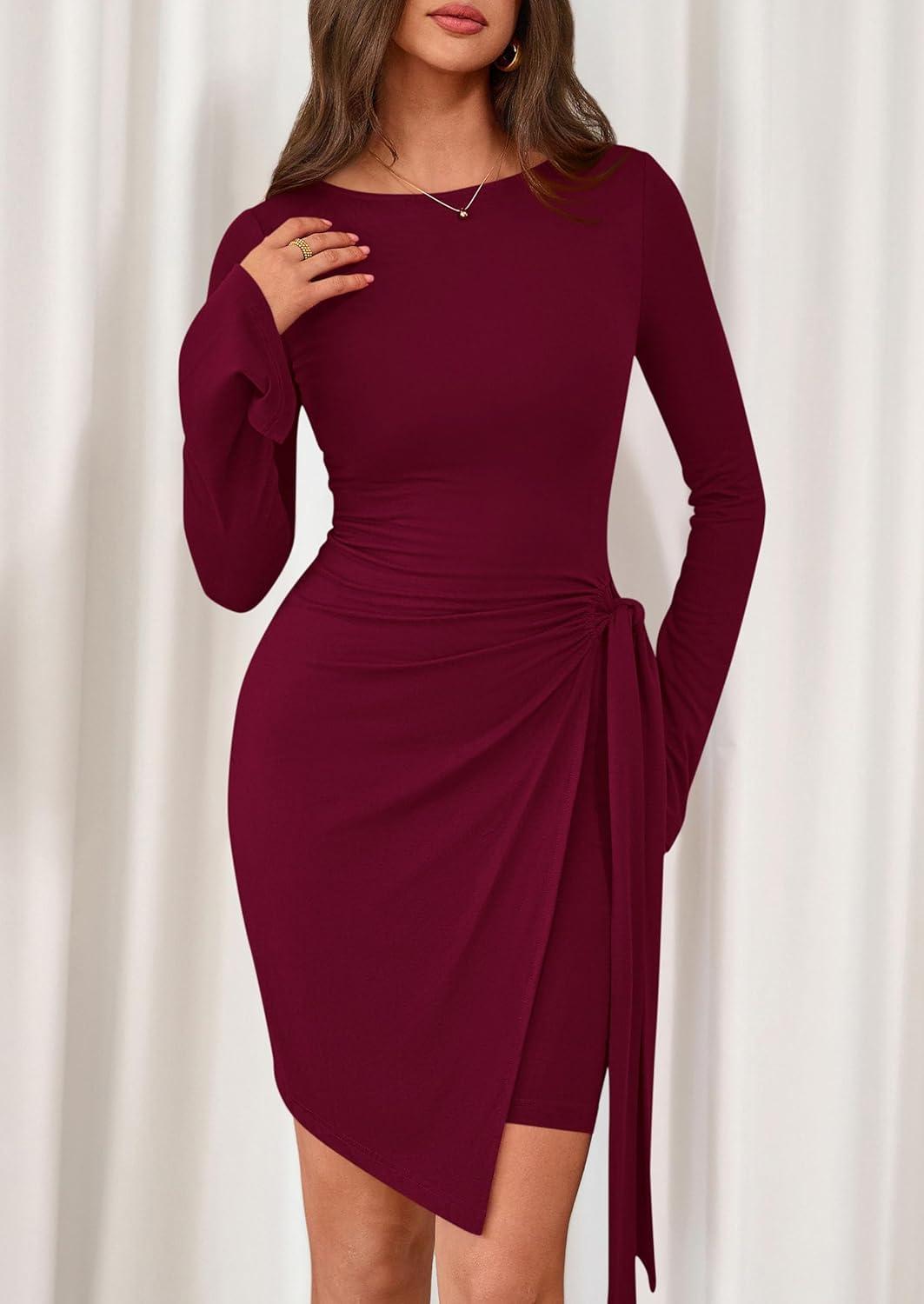 imagePRETTYGARDEN Women 2025 Mini Bodycon Dresses Long Sleeve Ruched Fitted Short Night Out Trendy Party Club Outfits Fall ClothesBurgundy