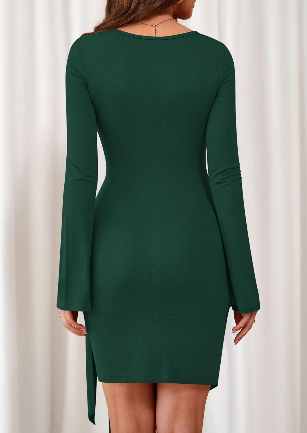 imagePRETTYGARDEN Women 2025 Mini Bodycon Dresses Long Sleeve Ruched Fitted Short Night Out Trendy Party Club Outfits Fall ClothesDark Green