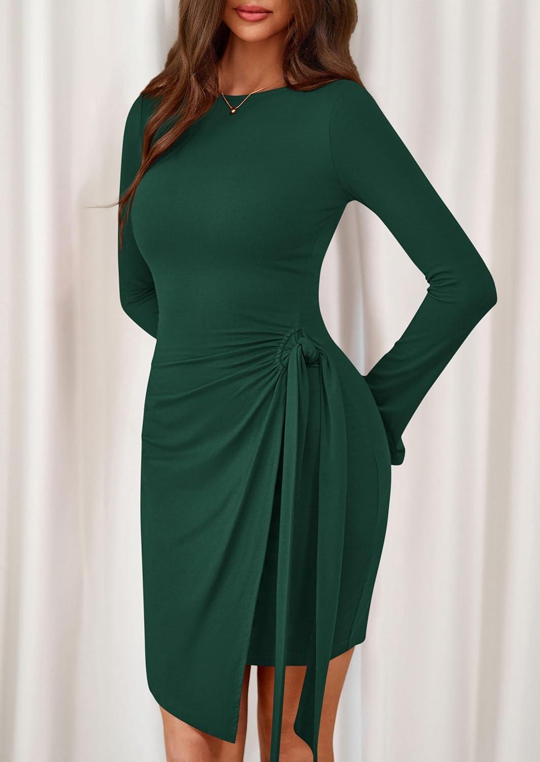 imagePRETTYGARDEN Women 2025 Mini Bodycon Dresses Long Sleeve Ruched Fitted Short Night Out Trendy Party Club Outfits Fall ClothesDark Green