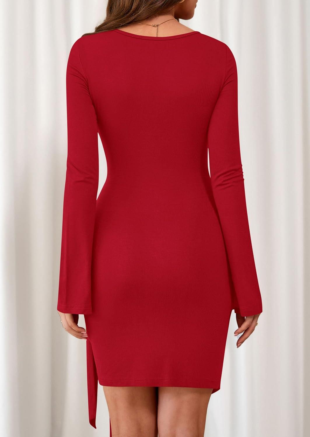 imagePRETTYGARDEN Women 2025 Mini Bodycon Dresses Long Sleeve Ruched Fitted Short Night Out Trendy Party Club Outfits Fall ClothesRed