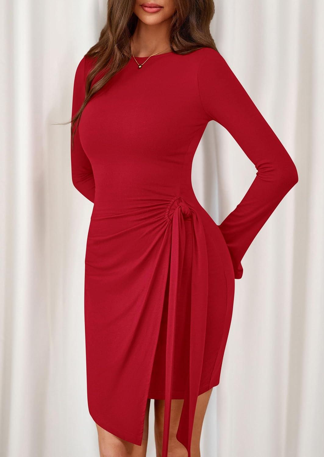 imagePRETTYGARDEN Women 2025 Mini Bodycon Dresses Long Sleeve Ruched Fitted Short Night Out Trendy Party Club Outfits Fall ClothesRed