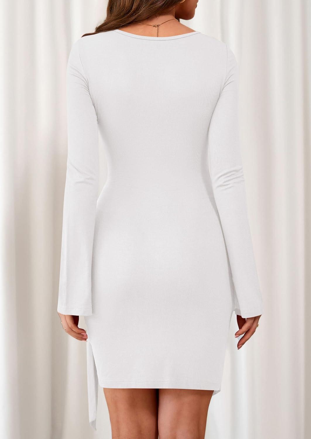 imagePRETTYGARDEN Women 2025 Mini Bodycon Dresses Long Sleeve Ruched Fitted Short Night Out Trendy Party Club Outfits Fall ClothesWhite
