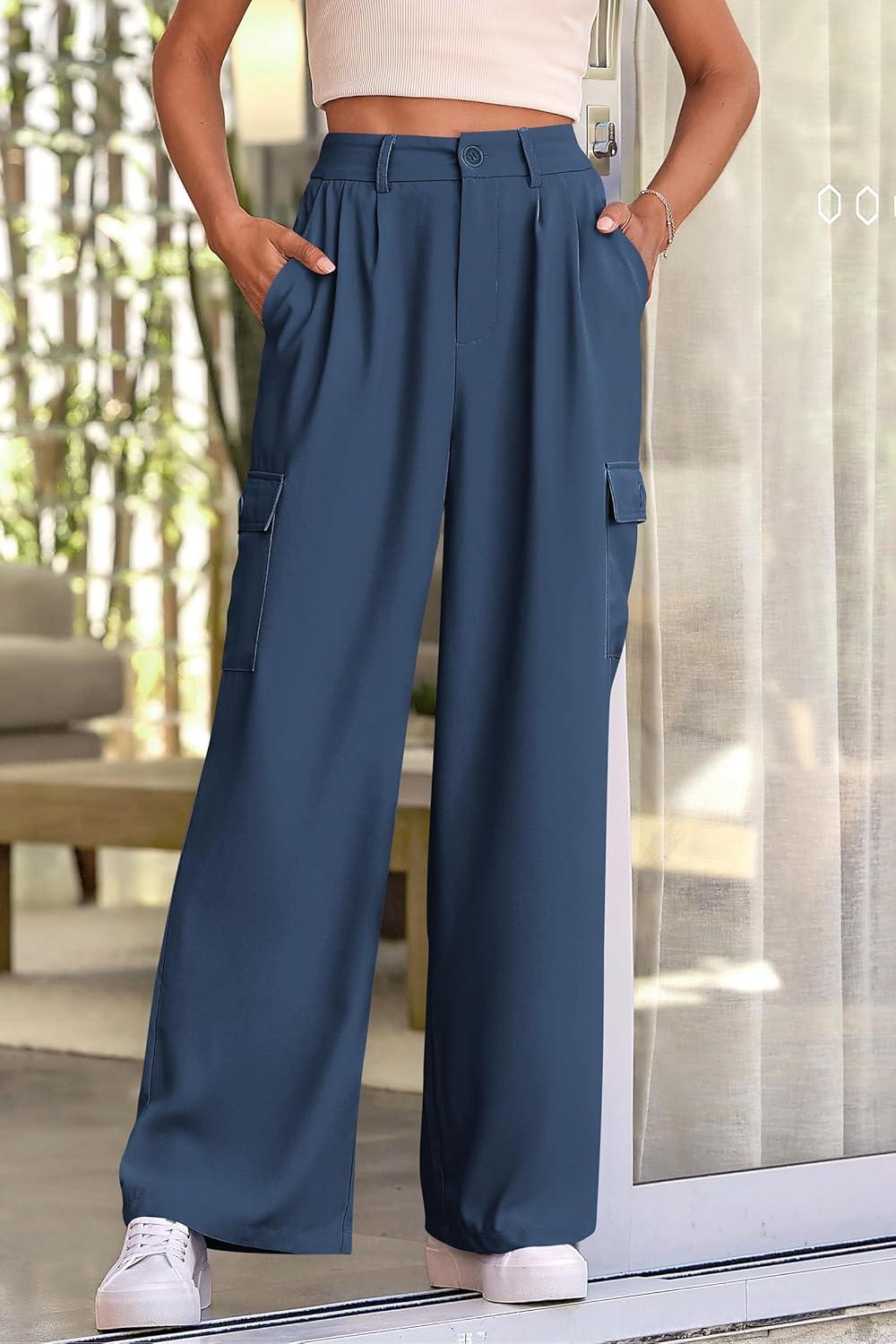 imagePRETTYGARDEN Women Wide Leg Pants High Waisted Business Work Trousers Long Straight Suit Dress Pants BlueLarge