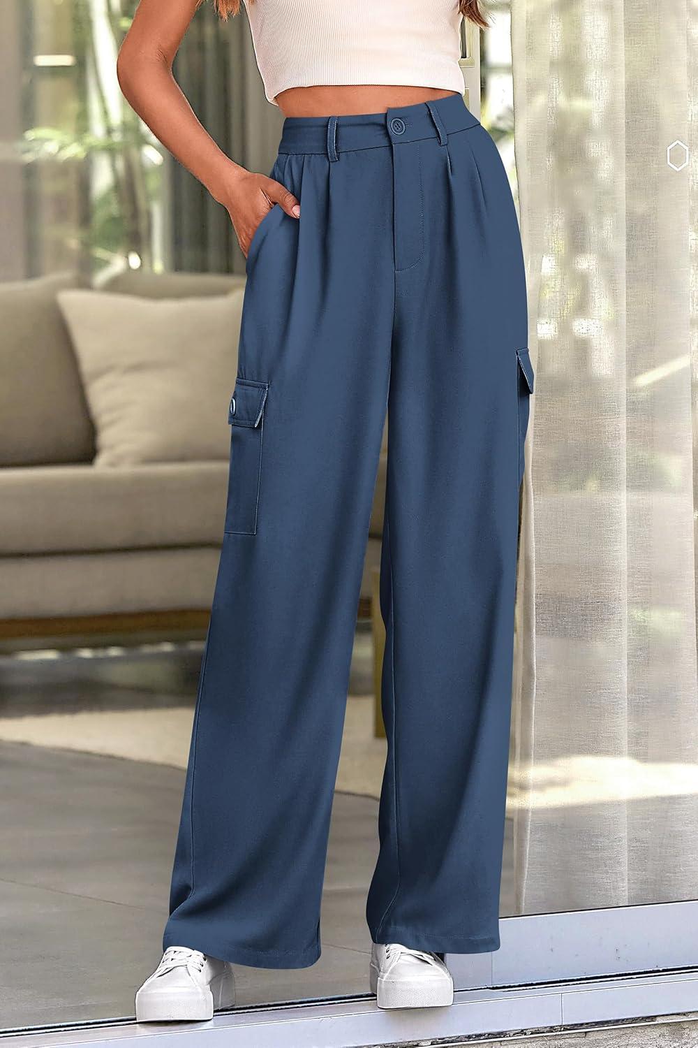 imagePRETTYGARDEN Women Wide Leg Pants High Waisted Business Work Trousers Long Straight Suit Dress Pants BlueLarge