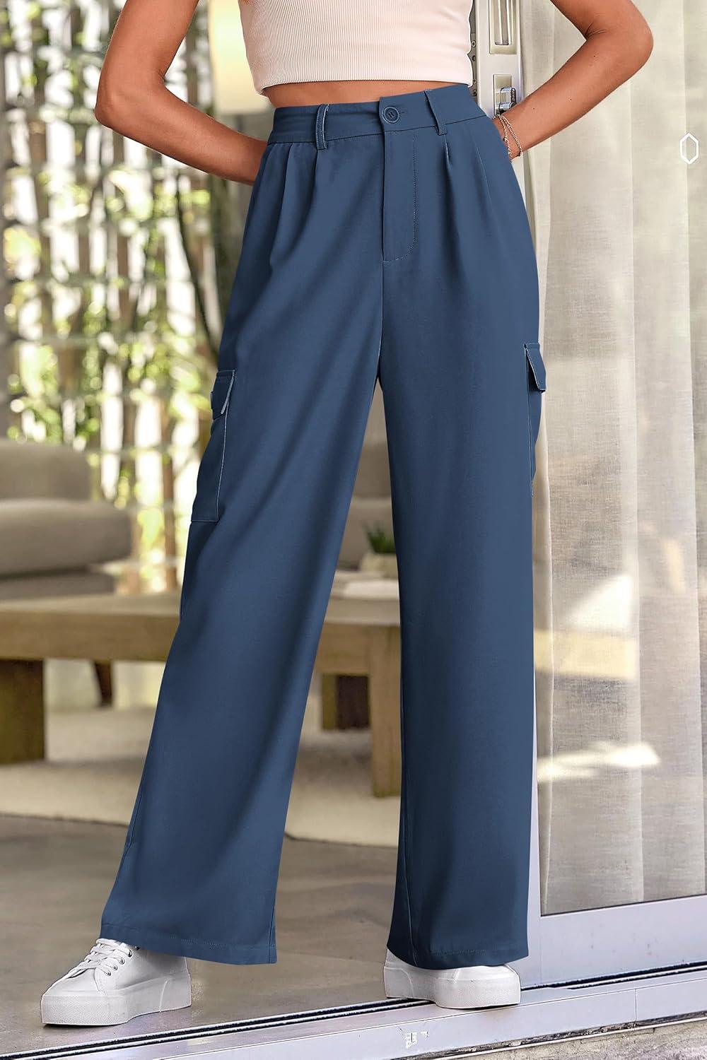 imagePRETTYGARDEN Women Wide Leg Pants High Waisted Business Work Trousers Long Straight Suit Dress Pants BlueLarge