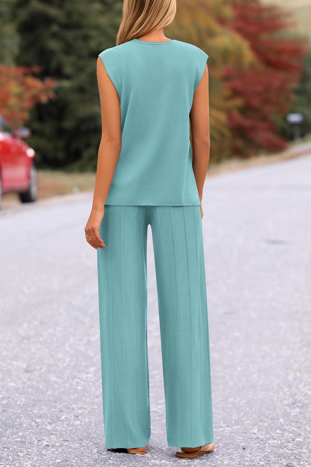 imagePRETTYGARDEN Womens 2 Piece Outfits Knit Loungewear High Low Pullover Tops and Wide Leg Pants Casual Sweater Sets Tracksuits Blue GreenSmall