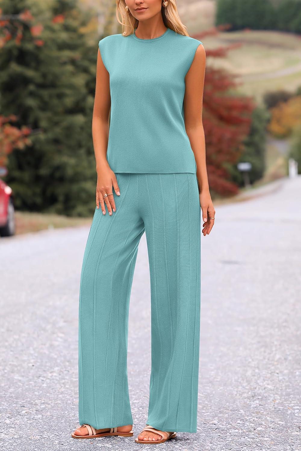 imagePRETTYGARDEN Womens 2 Piece Outfits Knit Loungewear High Low Pullover Tops and Wide Leg Pants Casual Sweater Sets Tracksuits Blue GreenSmall