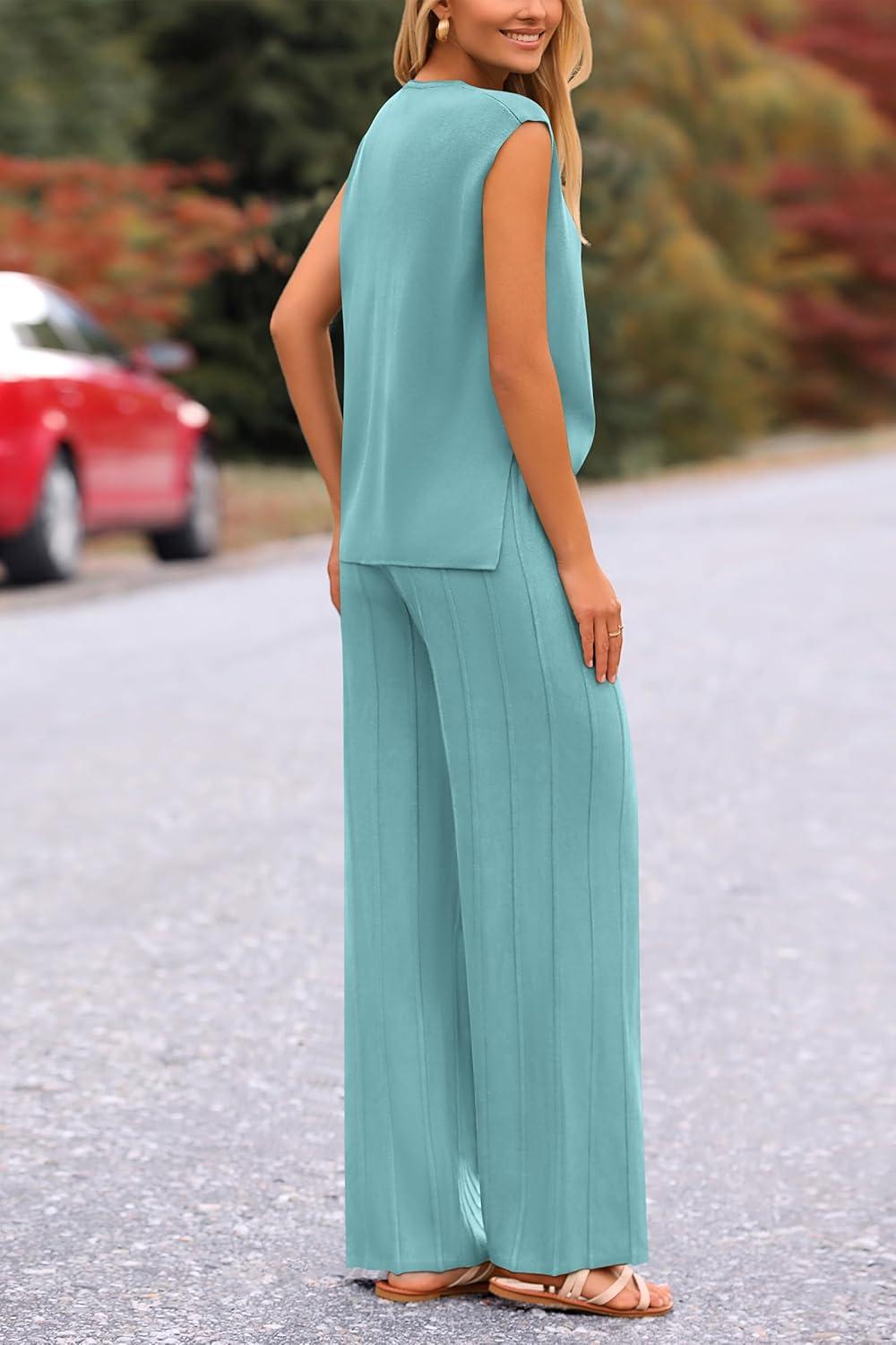 imagePRETTYGARDEN Womens 2 Piece Outfits Knit Loungewear High Low Pullover Tops and Wide Leg Pants Casual Sweater Sets Tracksuits Blue GreenSmall