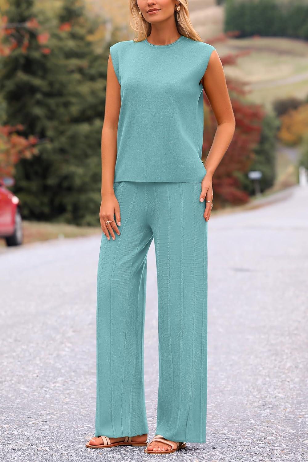 imagePRETTYGARDEN Womens 2 Piece Outfits Knit Loungewear High Low Pullover Tops and Wide Leg Pants Casual Sweater Sets Tracksuits Blue GreenSmall