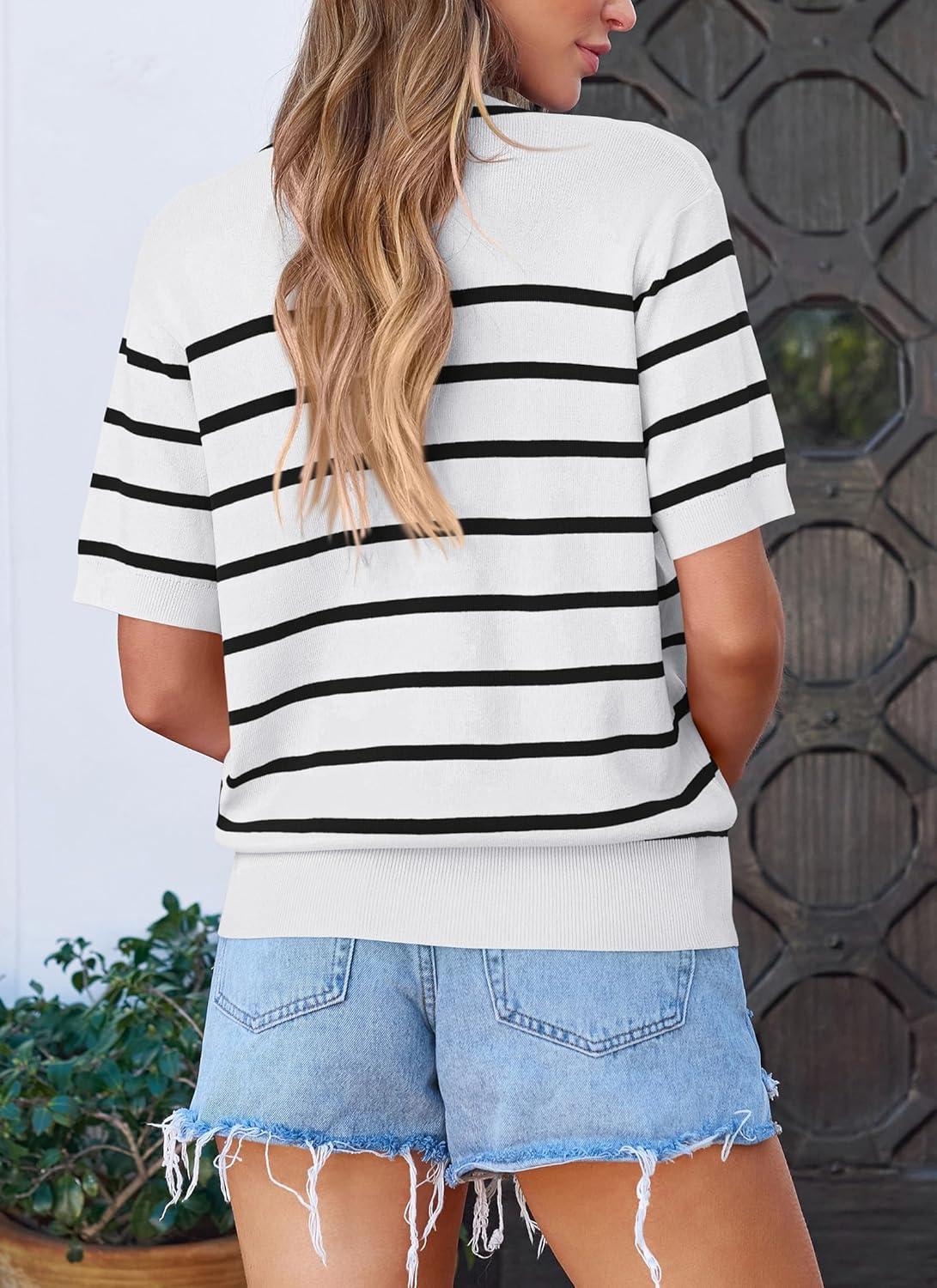 imagePRETTYGARDEN Womens 2024 Summer Button Down Striped Shirts Short Sleeve Knit Going Out Tops Dressy Casual Cute Ladies Blouses WhiteMedium