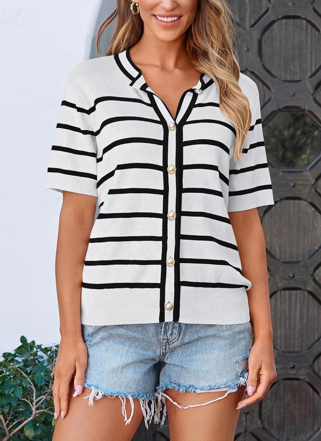 imagePRETTYGARDEN Womens 2024 Summer Button Down Striped Shirts Short Sleeve Knit Going Out Tops Dressy Casual Cute Ladies Blouses WhiteMedium