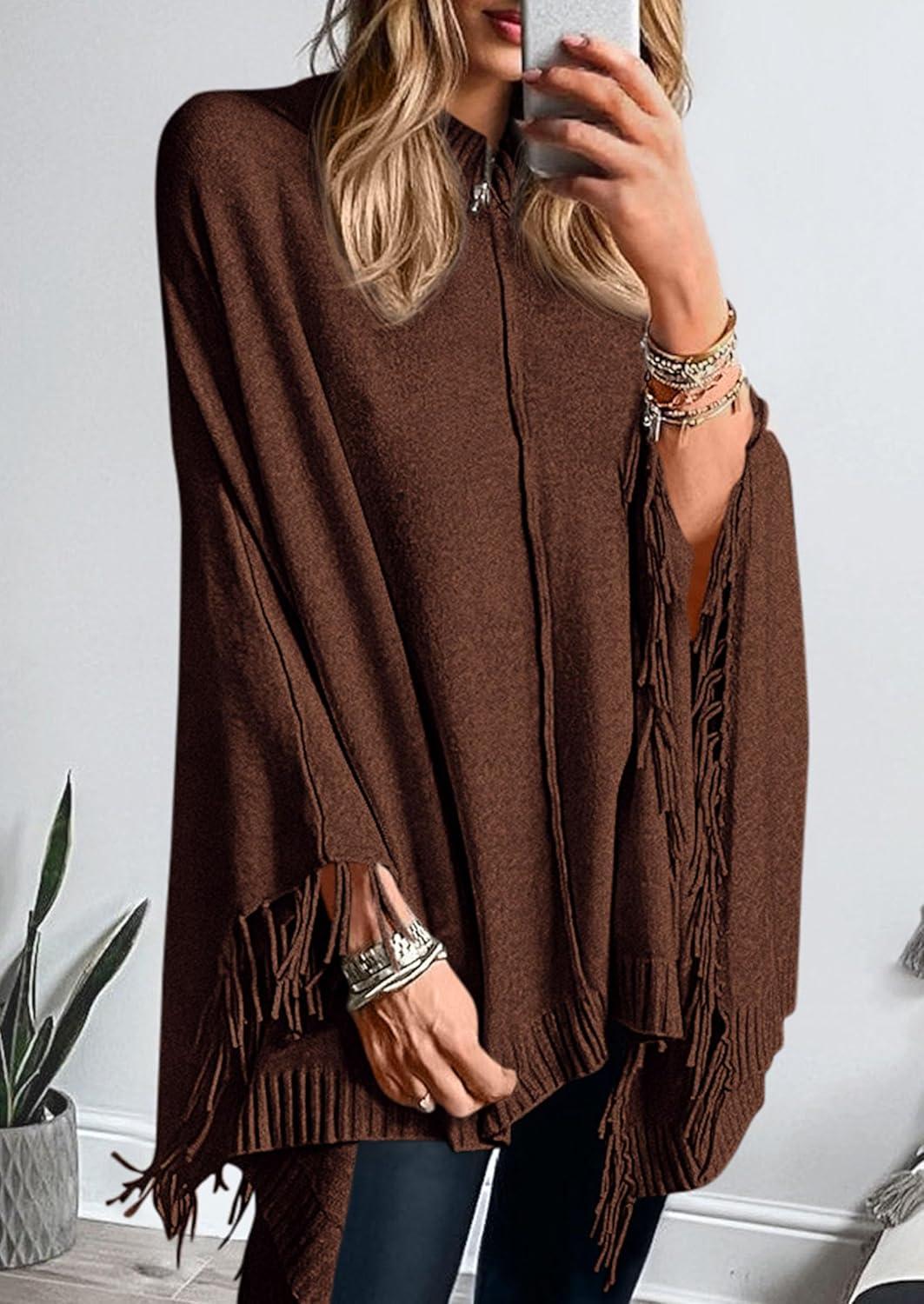 imagePRETTYGARDEN Womens 2025 Fall Winter Poncho Sweaters Trendy Chunky Knit Fringe Shawls Wraps Pullover Tops Holiday OutfitsBrown