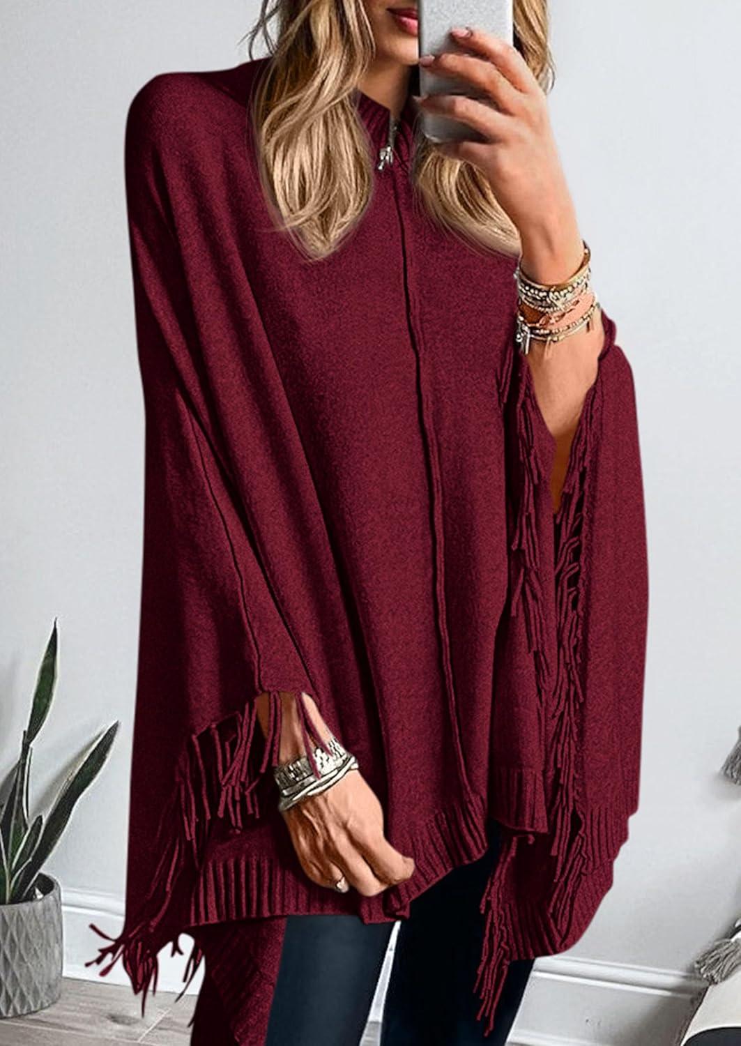 imagePRETTYGARDEN Womens 2025 Fall Winter Poncho Sweaters Trendy Chunky Knit Fringe Shawls Wraps Pullover Tops Holiday OutfitsBurgundy