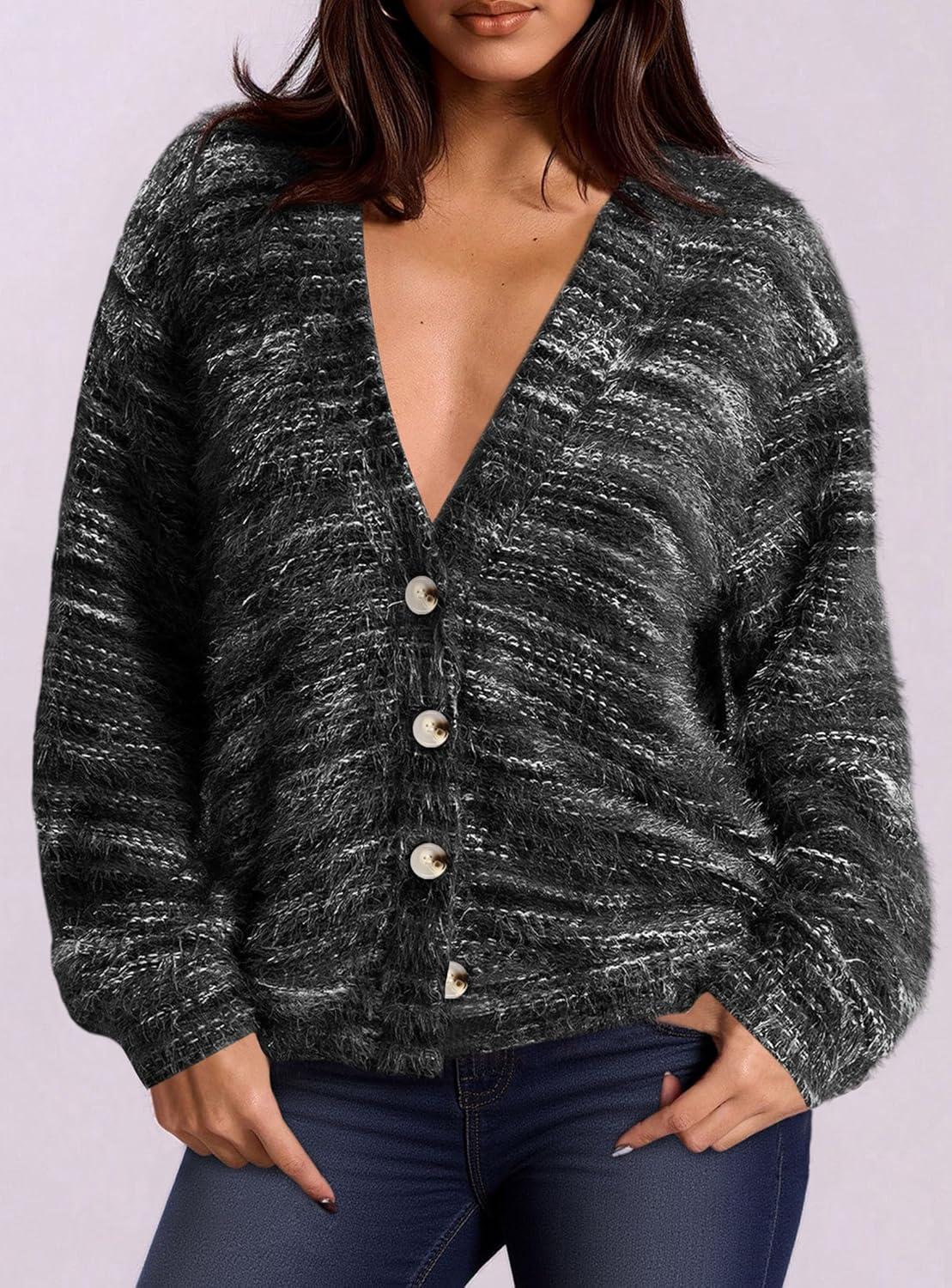 imagePRETTYGARDEN Womens Cardigan Sweaters Fall Fashion 2026 Striped Long Sleeve Button V Neck Knit Fuzzy Outerwear Winter ClothesBlack