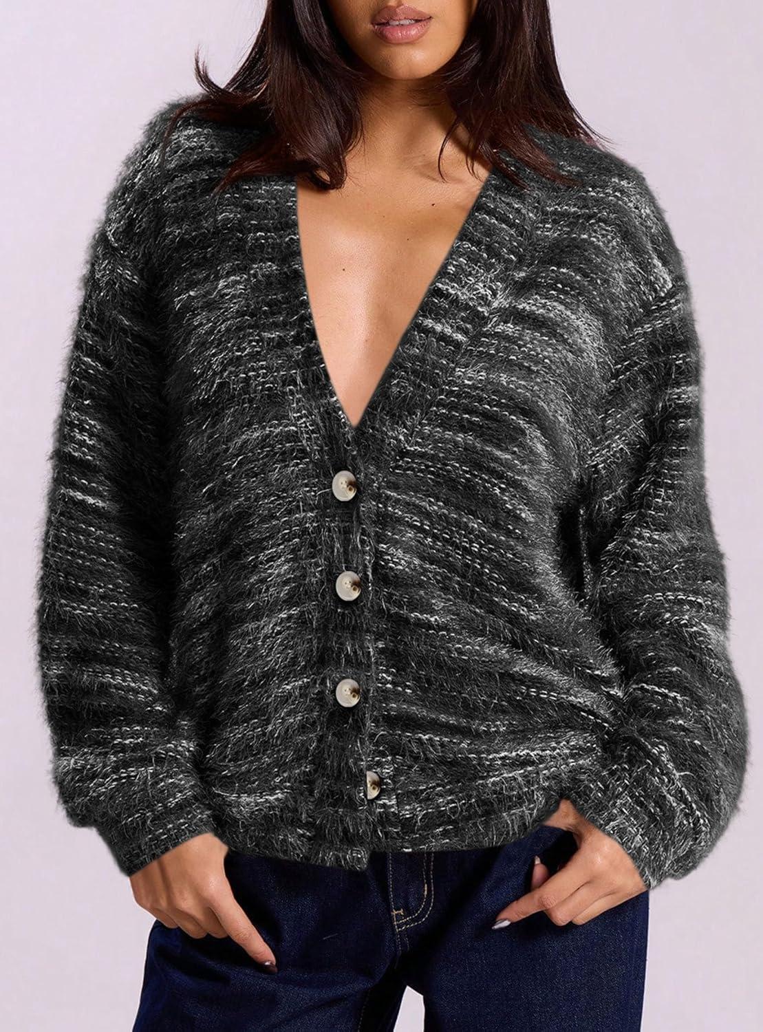 imagePRETTYGARDEN Womens Cardigan Sweaters Fall Fashion 2026 Striped Long Sleeve Button V Neck Knit Fuzzy Outerwear Winter ClothesBlack