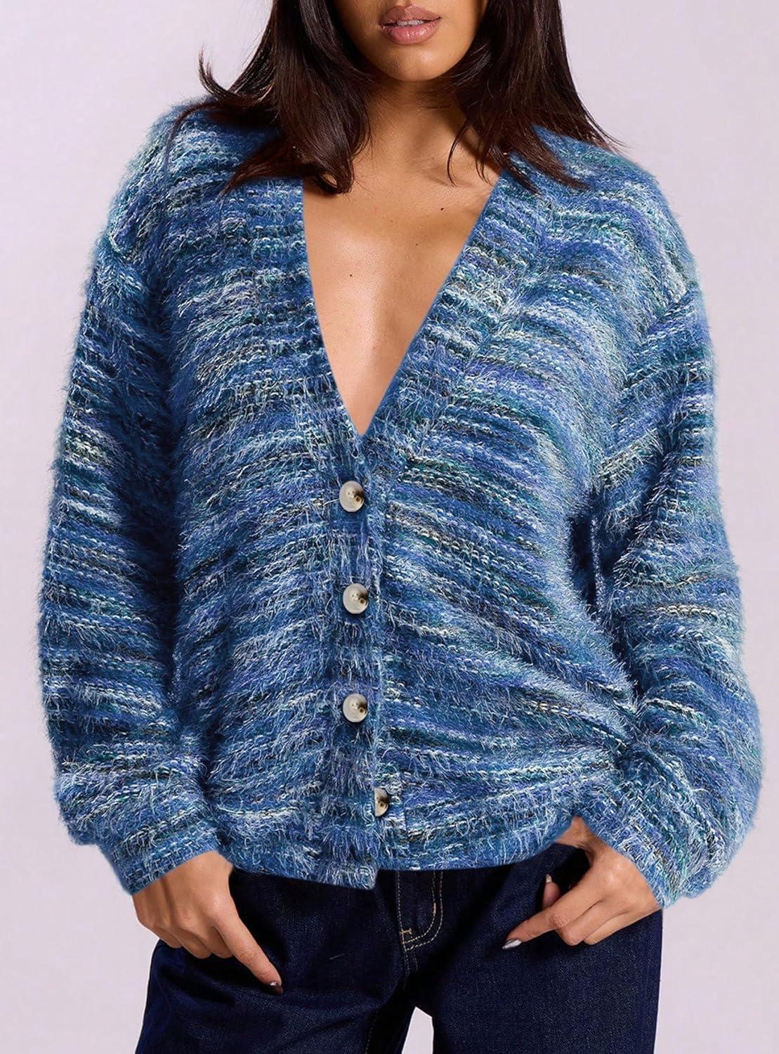 imagePRETTYGARDEN Womens Cardigan Sweaters Fall Fashion 2026 Striped Long Sleeve Button V Neck Knit Fuzzy Outerwear Winter ClothesBlue