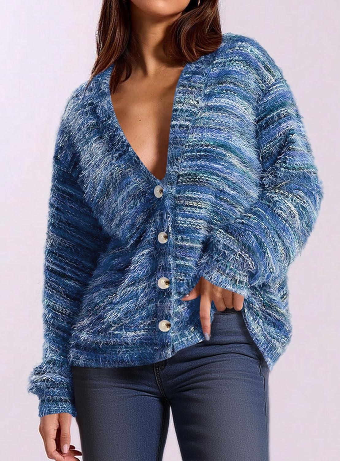 imagePRETTYGARDEN Womens Cardigan Sweaters Fall Fashion 2026 Striped Long Sleeve Button V Neck Knit Fuzzy Outerwear Winter ClothesBlue