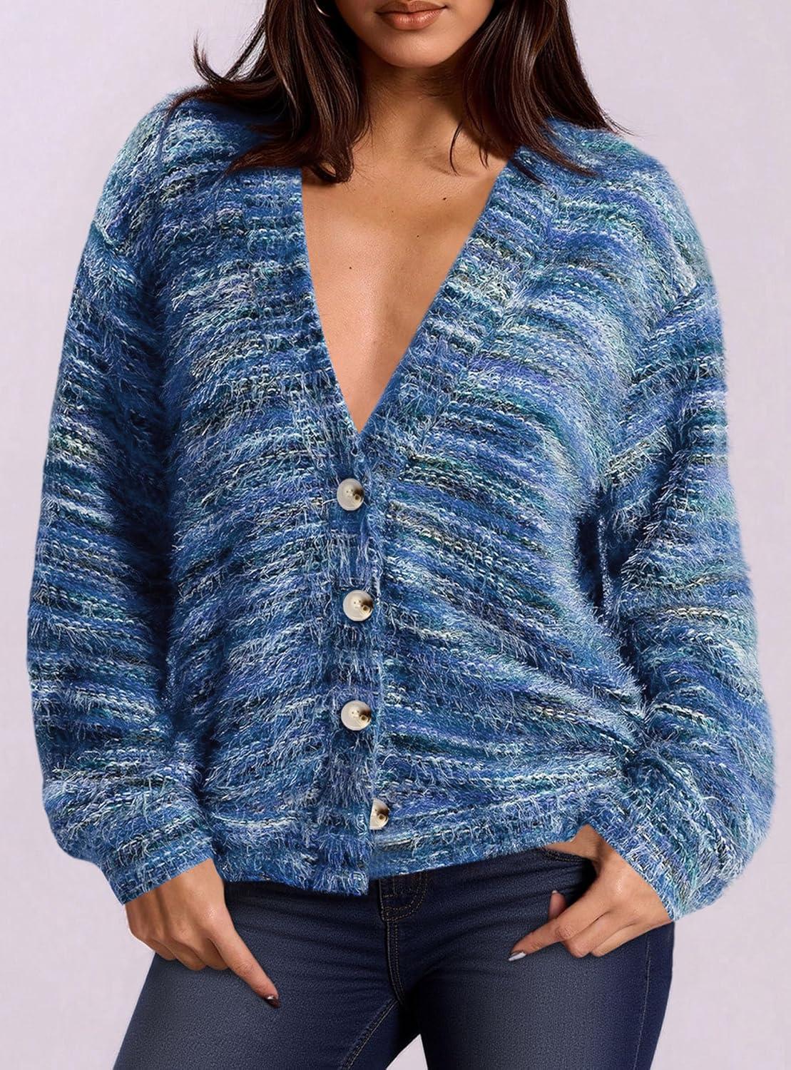 imagePRETTYGARDEN Womens Cardigan Sweaters Fall Fashion 2026 Striped Long Sleeve Button V Neck Knit Fuzzy Outerwear Winter ClothesBlue