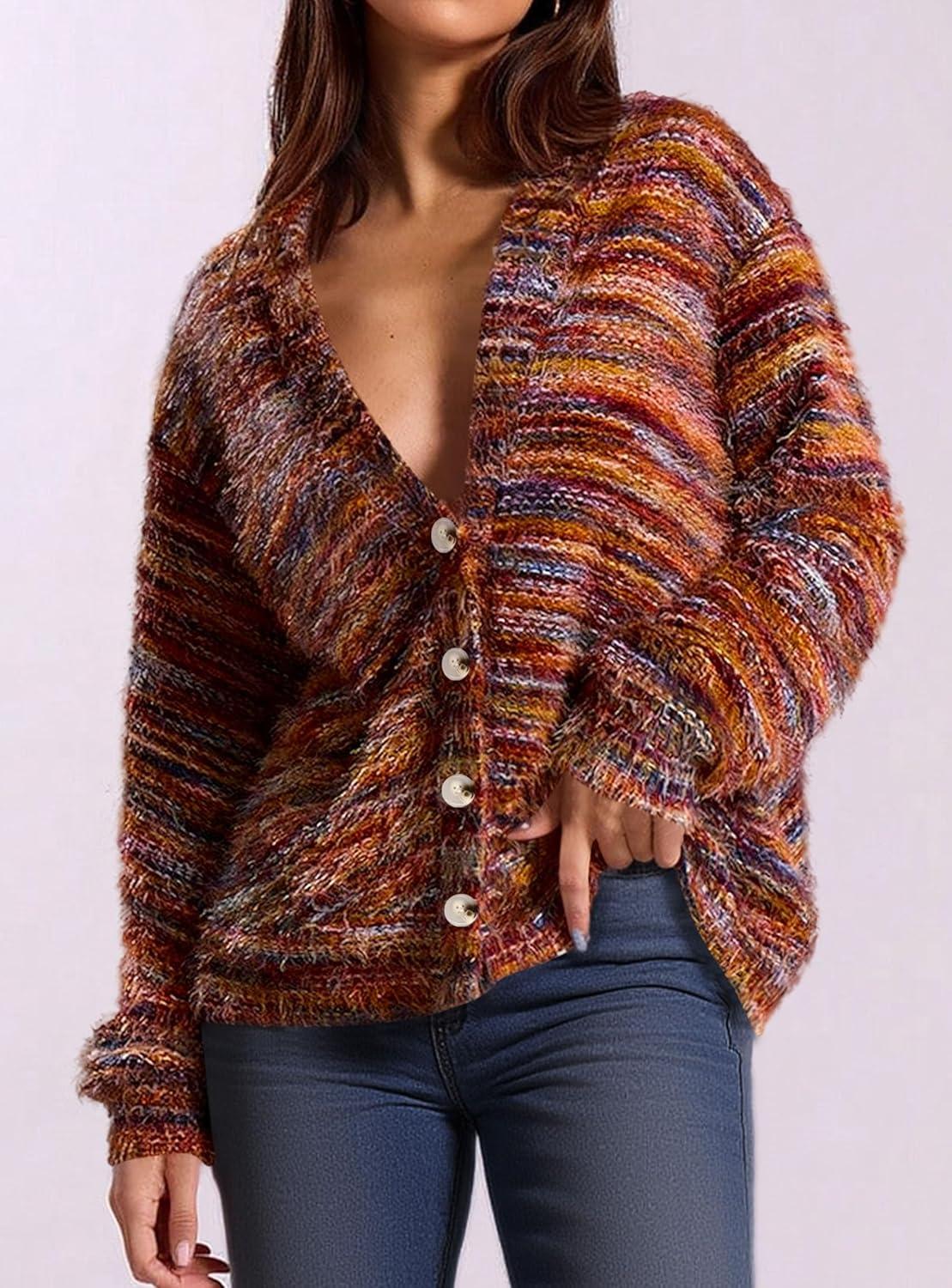 imagePRETTYGARDEN Womens Cardigan Sweaters Fall Fashion 2026 Striped Long Sleeve Button V Neck Knit Fuzzy Outerwear Winter ClothesBurnt Orange