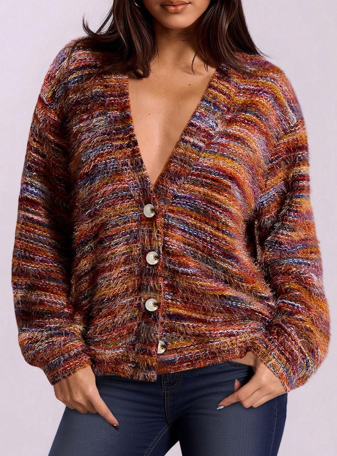 imagePRETTYGARDEN Womens Cardigan Sweaters Fall Fashion 2026 Striped Long Sleeve Button V Neck Knit Fuzzy Outerwear Winter ClothesBurnt Orange
