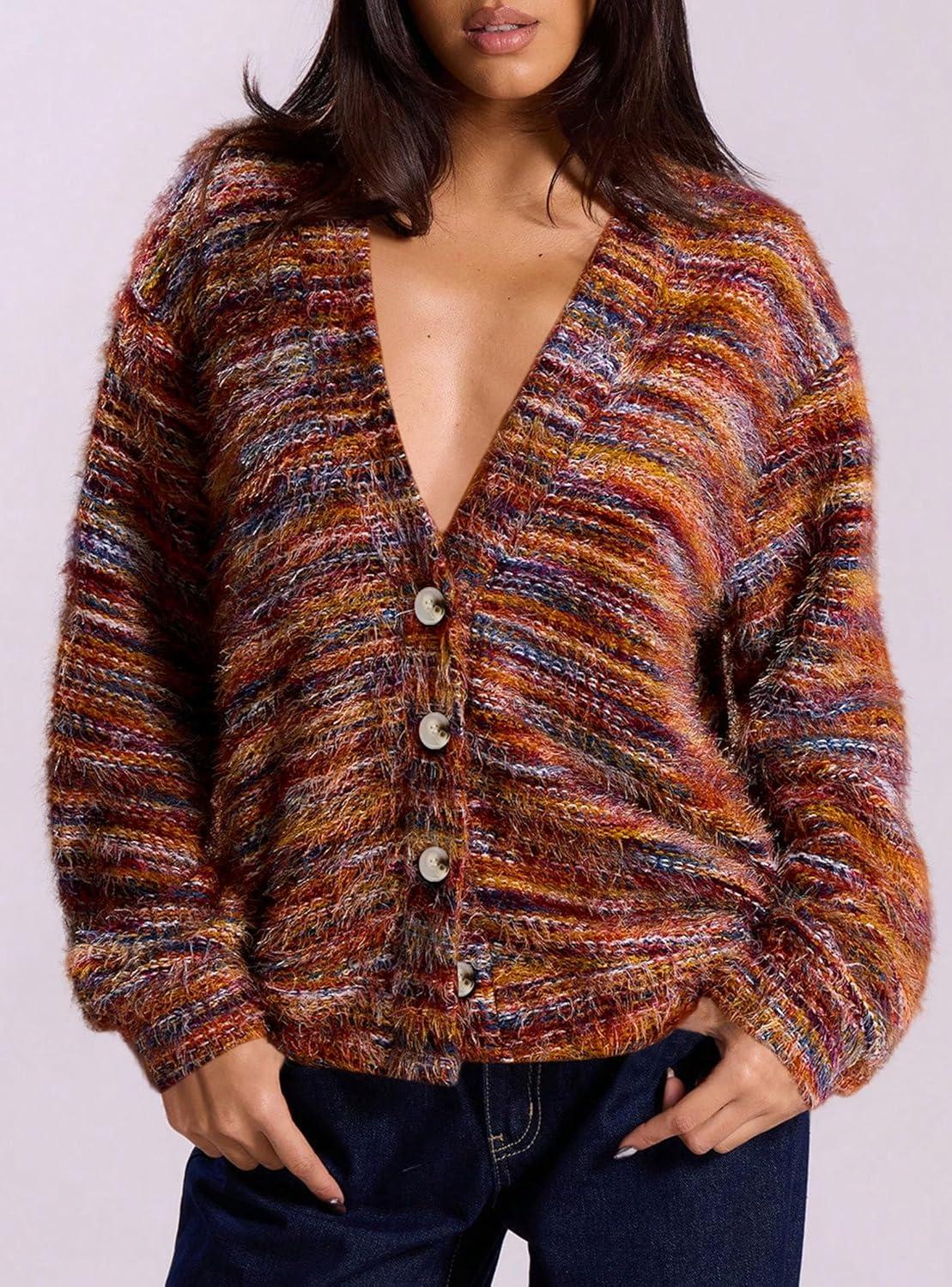 imagePRETTYGARDEN Womens Cardigan Sweaters Fall Fashion 2026 Striped Long Sleeve Button V Neck Knit Fuzzy Outerwear Winter ClothesBurnt Orange