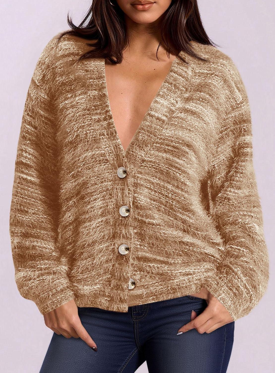 imagePRETTYGARDEN Womens Cardigan Sweaters Fall Fashion 2026 Striped Long Sleeve Button V Neck Knit Fuzzy Outerwear Winter ClothesKhaki