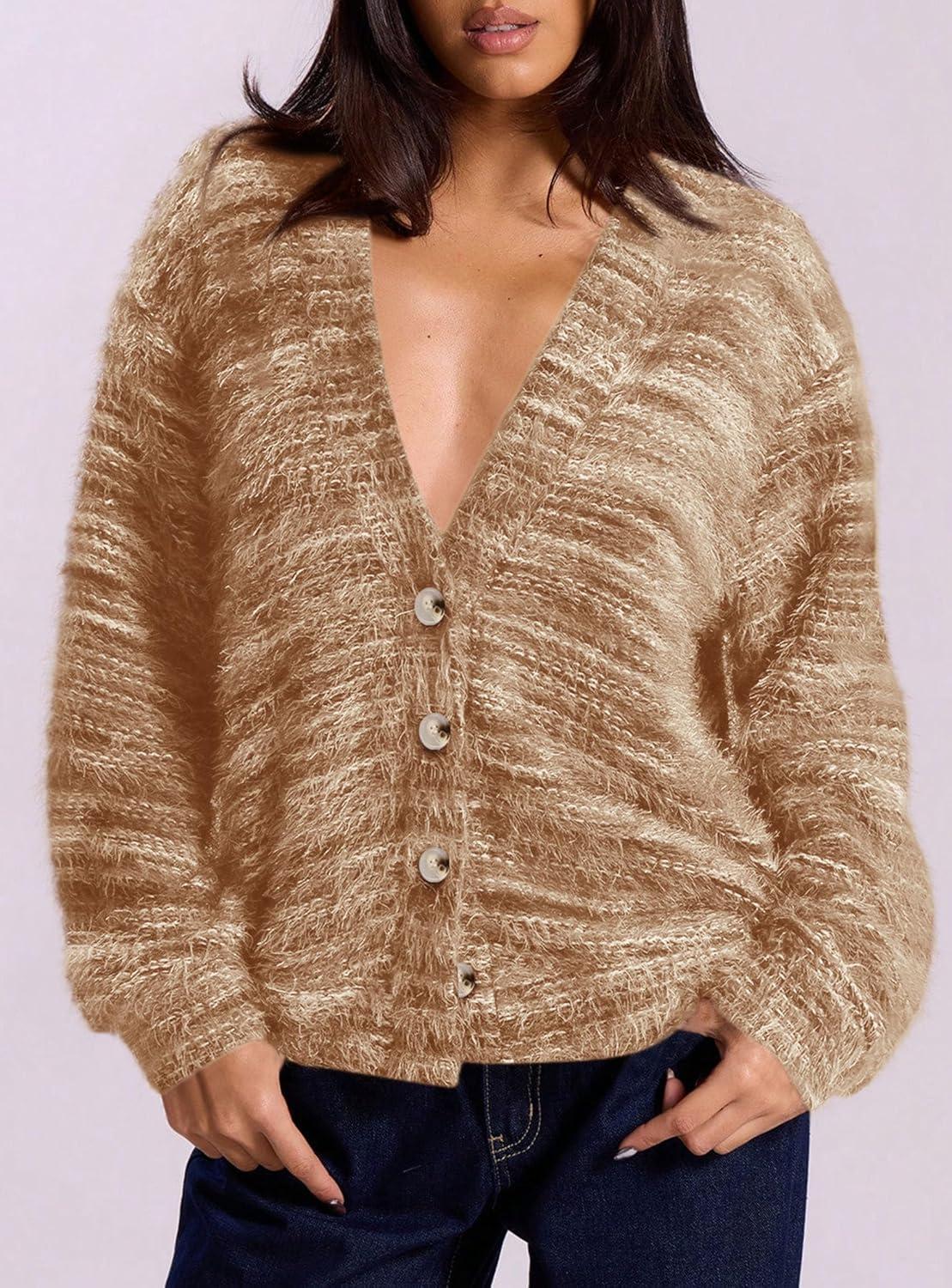 imagePRETTYGARDEN Womens Cardigan Sweaters Fall Fashion 2026 Striped Long Sleeve Button V Neck Knit Fuzzy Outerwear Winter ClothesKhaki