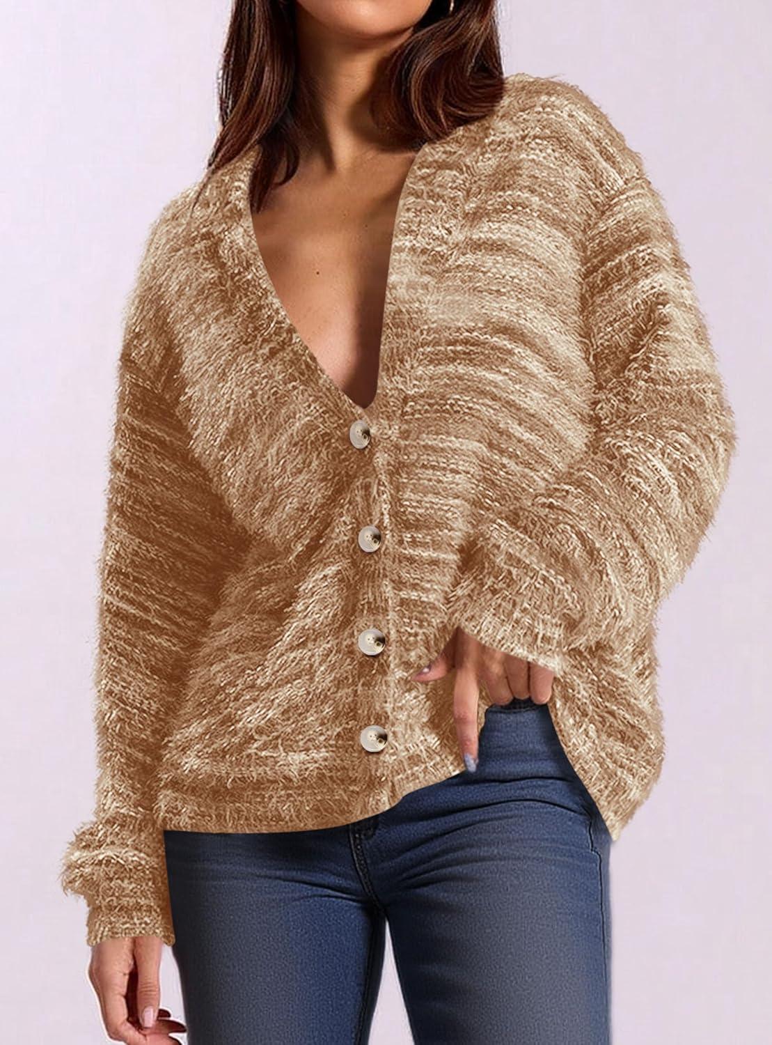 imagePRETTYGARDEN Womens Cardigan Sweaters Fall Fashion 2026 Striped Long Sleeve Button V Neck Knit Fuzzy Outerwear Winter ClothesKhaki