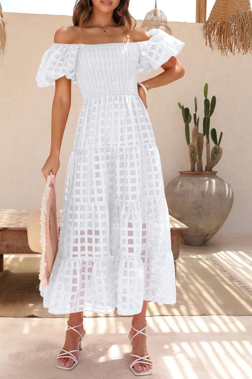 imagePRETTYGARDEN Womens Casual Summer Dress Puffy Short Sleeve Square Neck Smocked Tiered A Line Maxi Long DressesPlaid Beige White