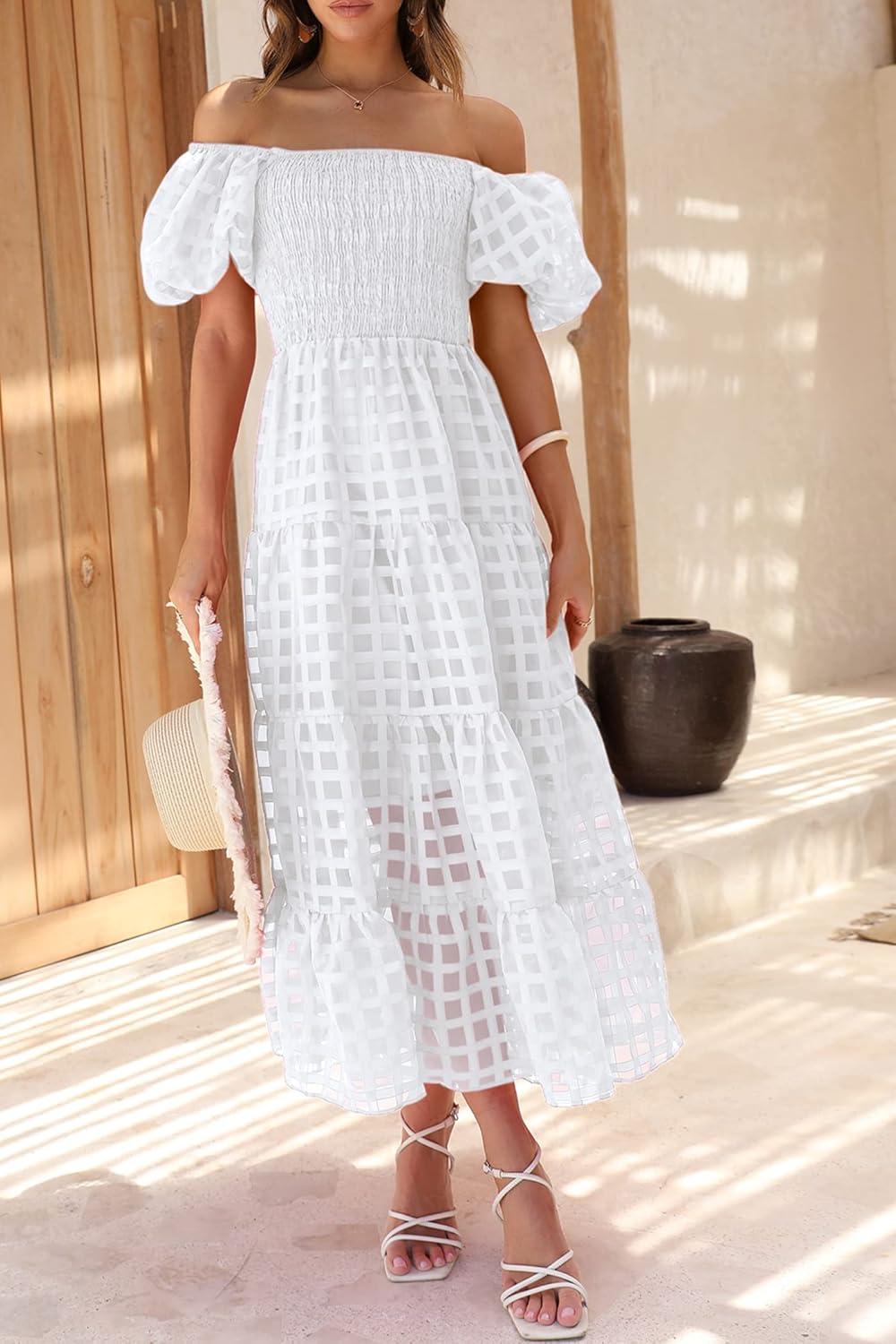 imagePRETTYGARDEN Womens Casual Summer Dress Puffy Short Sleeve Square Neck Smocked Tiered A Line Maxi Long DressesPlaid Beige White