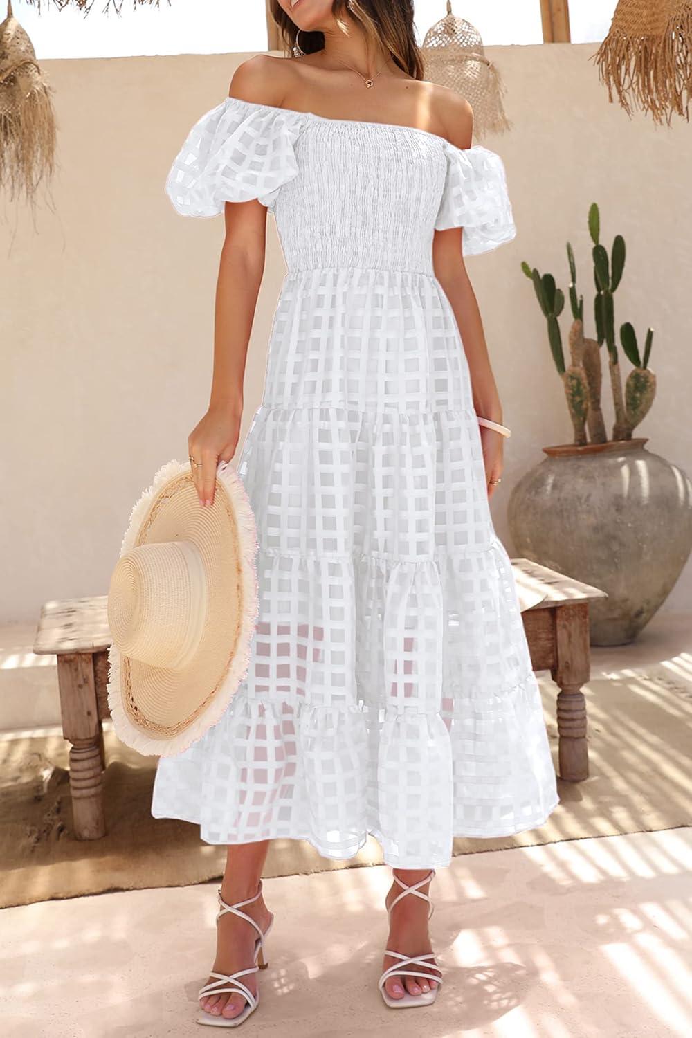imagePRETTYGARDEN Womens Casual Summer Dress Puffy Short Sleeve Square Neck Smocked Tiered A Line Maxi Long DressesPlaid Beige White