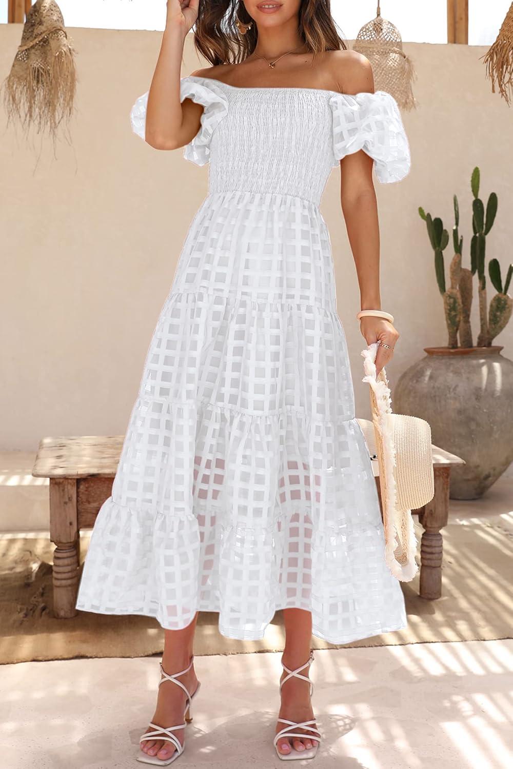 imagePRETTYGARDEN Womens Casual Summer Dress Puffy Short Sleeve Square Neck Smocked Tiered A Line Maxi Long DressesPlaid Beige White